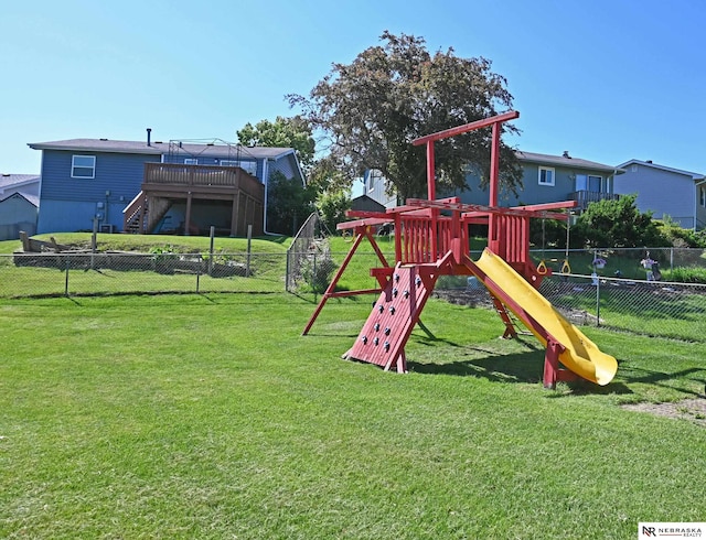 4841 N 130th Cir, Omaha, NE 68164 - view of jungle gym with a wooden deck and stairs