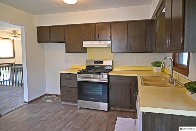4841 N 130th Cir, Omaha, NE 68164 - kitchen with stainless steel range with gas stovetop, under cabinet range hood, a sink, and dark brown cabinets