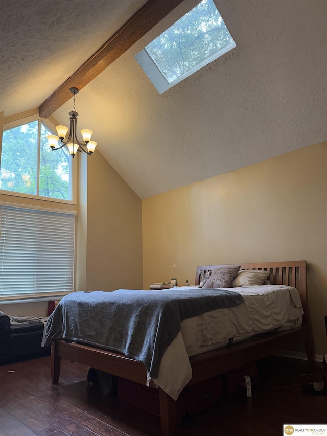 826 Hidden Hills Dr, Bellevue, NE 68005 - bedroom with wood finished floors, a chandelier, a textured ceiling, and a skylight