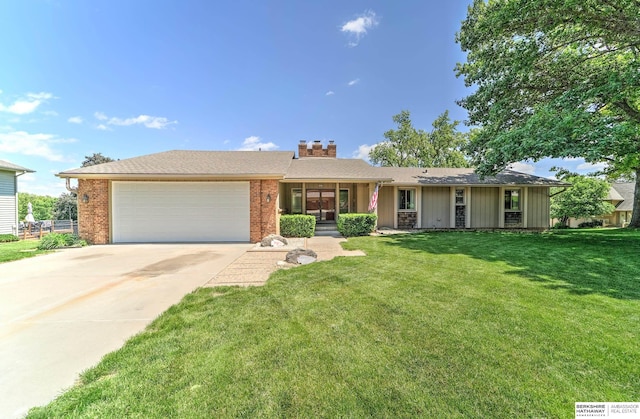 1915 S 131st Ave, Omaha, NE 68144 - single story home featuring a garage, driveway, a chimney, a front yard, and brick siding