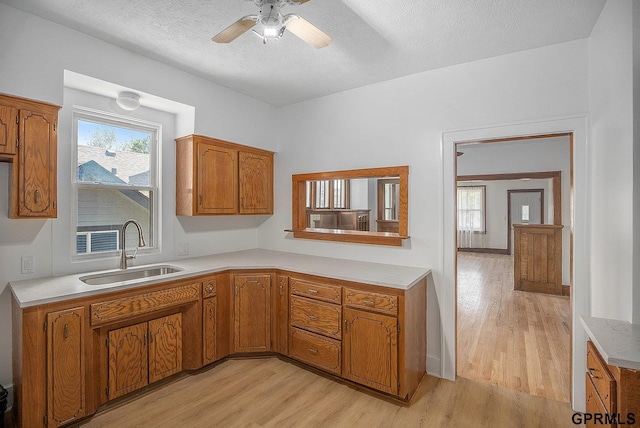 4315 N 39th St, Omaha, NE 68111 - kitchen featuring a sink, brown cabinetry, light wood finished floors, light countertops, and a textured ceiling
