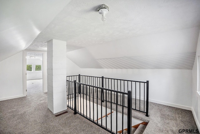 4315 N 39th St, Omaha, NE 68111 - additional living space with carpet, vaulted ceiling, baseboards, and a textured ceiling