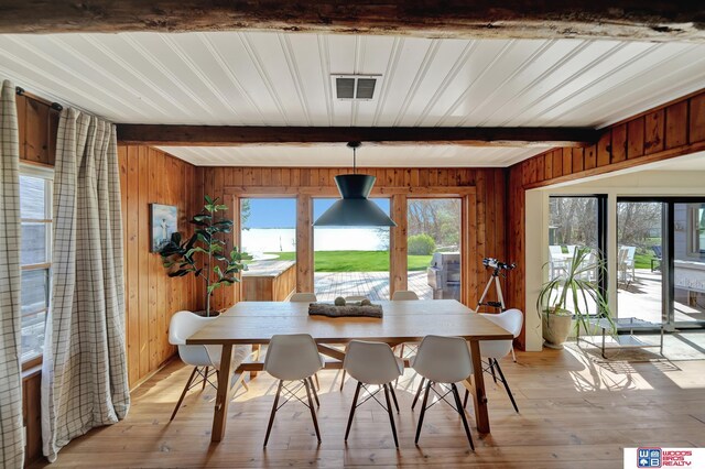209 N Maloney Dr, North Platte, NE 69101 - dining space featuring beam ceiling, wooden walls, and light wood-style flooring