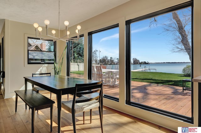 209 N Maloney Dr, North Platte, NE 69101 - dining room featuring a water view, light wood-type flooring, and a chandelier