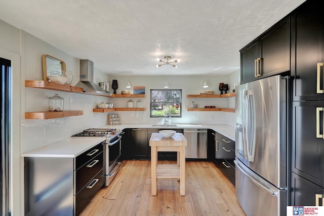 209 N Maloney Dr, North Platte, NE 69101 - kitchen with open shelves, stainless steel appliances, wall chimney exhaust hood, light countertops, and a sink