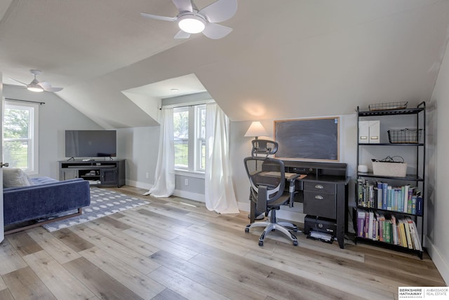 4332 Vinton St, Omaha, NE 68105 - home office featuring ceiling fan, lofted ceiling, wood finished floors, healthy amount of natural light, and baseboards
