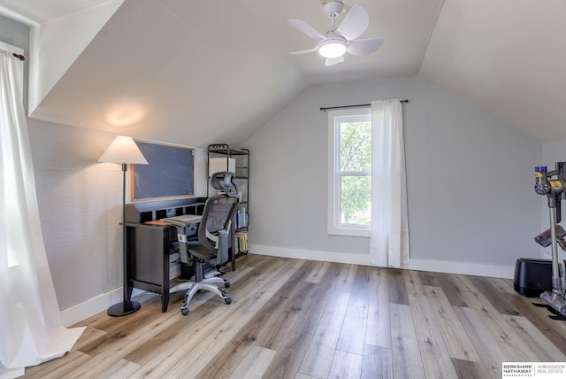 4332 Vinton St, Omaha, NE 68105 - office featuring wood finished floors, a ceiling fan, lofted ceiling, and baseboards