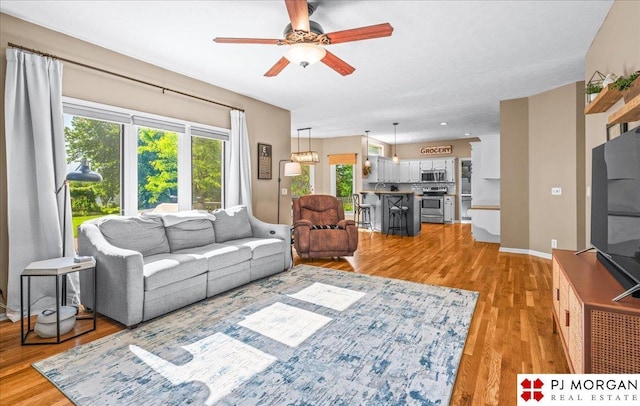 5517 S 174th Ave, Omaha, NE 68135 - living room with light wood finished floors, a ceiling fan, and baseboards