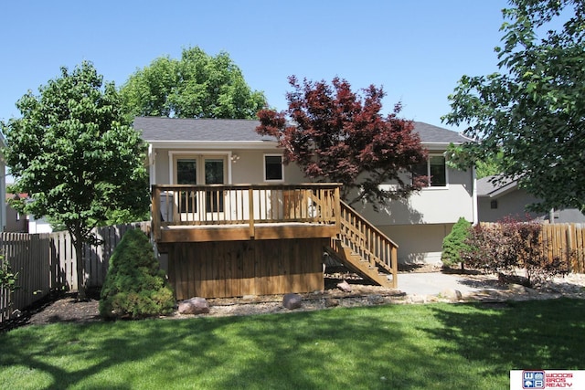 1912 SW 25th St, Lincoln, NE 68522 - back of house with stairs, a wooden deck, stucco siding, and a shingled roof