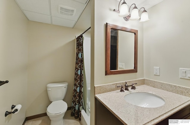 2564 County Road 12, Fremont, NE 68025 - bathroom with toilet, vanity, tile patterned flooring, shower / tub combo with curtain, and a chandelier