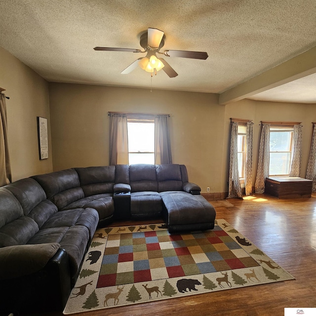 1119 H St, Fairbury, NE 68352 - living area with wood finished floors, a ceiling fan, and a textured ceiling
