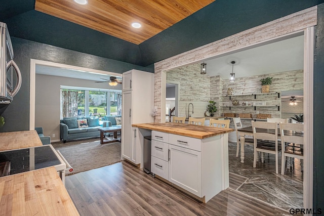 13055 Brookside Dr, Bellevue, NE 68123 - kitchen with wooden counters, ceiling fan, white cabinetry, open floor plan, and dark wood-type flooring