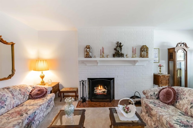 2206 N 56th St, Omaha, NE 68104 - living area featuring a brick fireplace and carpet flooring