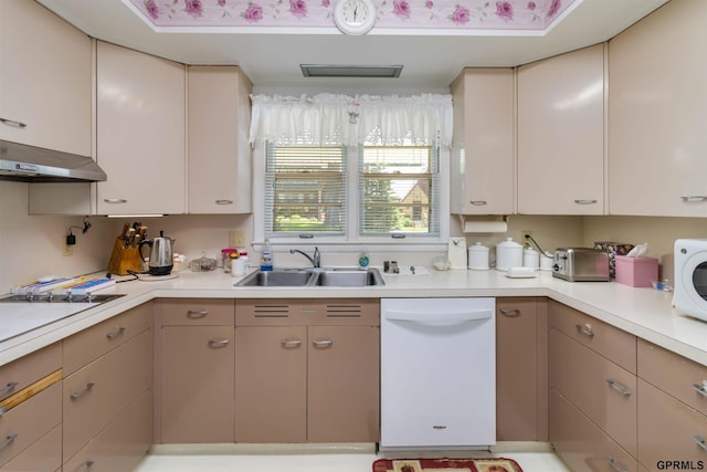 2206 N 56th St, Omaha, NE 68104 - kitchen featuring white dishwasher, a sink, under cabinet range hood, and light countertops