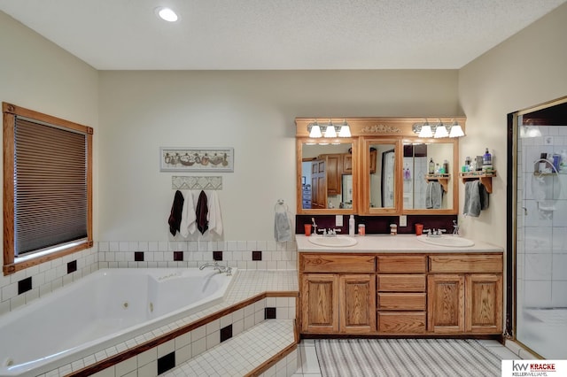 40798 US Highway 6, Cambridge, NE 69022 - full bathroom with a whirlpool tub, double vanity, tile patterned floors, recessed lighting, and tiled shower