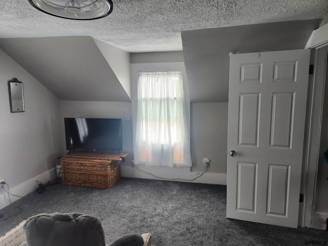 1211 D St, Fairbury, NE 68352 - bedroom featuring carpet floors, a textured ceiling, lofted ceiling, and baseboards