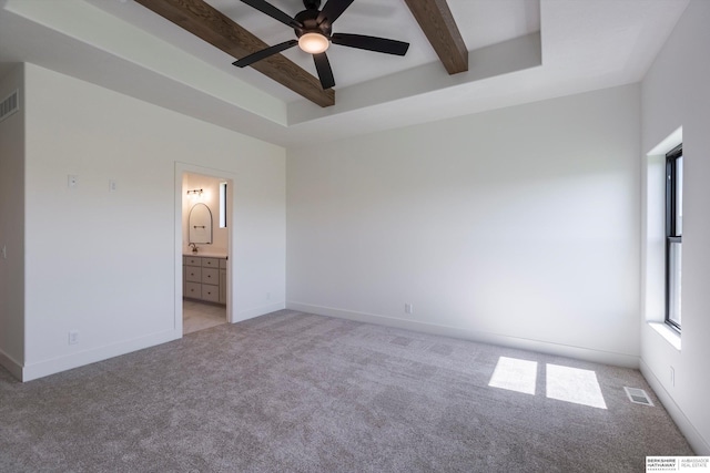 11019 N 166th St, Bennington, NE 68007 - unfurnished bedroom with beam ceiling, light carpet, baseboards, ensuite bathroom, and ceiling fan