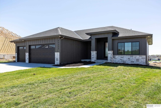 11019 N 166th St, Bennington, NE 68007 - view of front facade with stone siding, a garage, a shingled roof, and board and batten siding