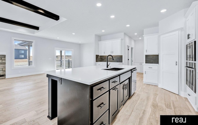 12003 S 109th St, Papillion, NE 68046 - kitchen with a sink, white cabinetry, backsplash, light wood-type flooring, and stainless steel appliances