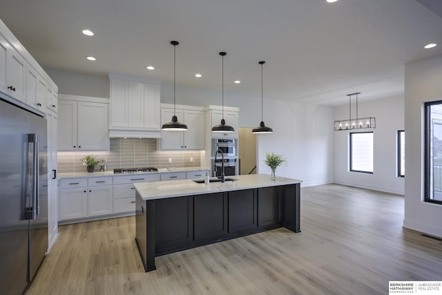 5717 S 200th Cir, Omaha, NE 68135 - kitchen with appliances with stainless steel finishes, a sink, light wood finished floors, backsplash, and white cabinets
