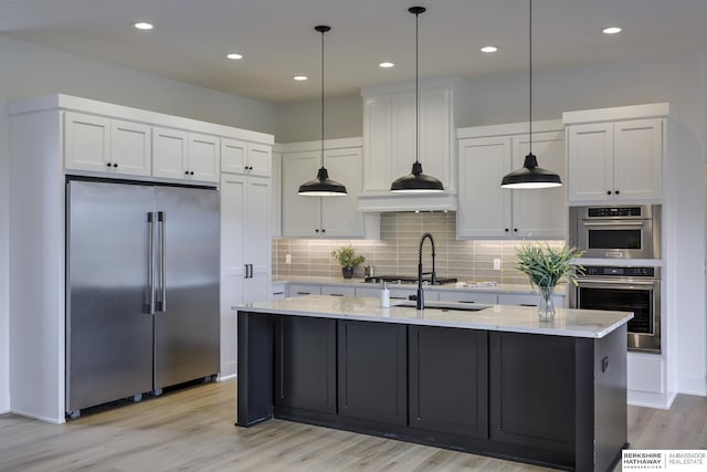 5717 S 200th Cir, Omaha, NE 68135 - kitchen featuring stainless steel appliances, white cabinets, light wood finished floors, tasteful backsplash, and pendant lighting