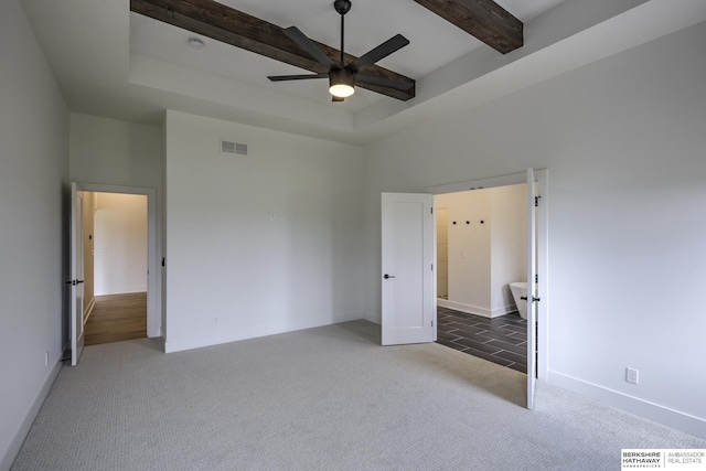5717 S 200th Cir, Omaha, NE 68135 - unfurnished bedroom featuring carpet floors, beamed ceiling, baseboards, a towering ceiling, and ceiling fan