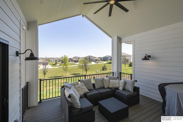 5717 S 200th Cir, Omaha, NE 68135 - wooden deck featuring a residential view, outdoor lounge area, a ceiling fan, and a lawn