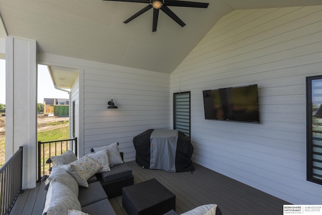 5717 S 200th Cir, Omaha, NE 68135 - wooden deck featuring grilling area, an outdoor living space, and a ceiling fan