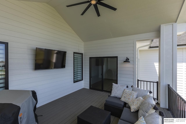 5717 S 200th Cir, Omaha, NE 68135 - wooden terrace featuring a ceiling fan and an outdoor living space