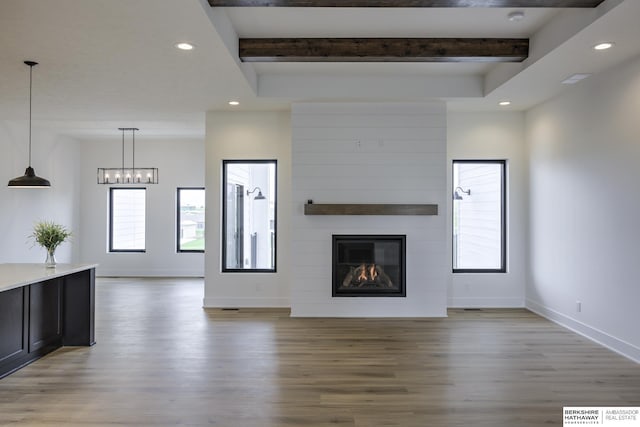 5717 S 200th Cir, Omaha, NE 68135 - unfurnished living room with beamed ceiling, light wood-type flooring, baseboards, recessed lighting, and a large fireplace