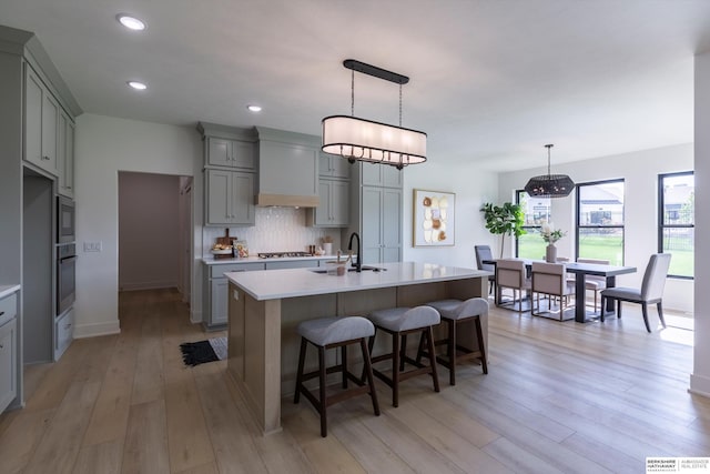 6617 S 214th St, Omaha, NE 68022 - kitchen featuring gray cabinetry, stainless steel appliances, a sink, light wood finished floors, and light countertops
