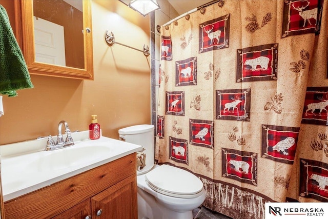 210 4th St, Ithaca, NE 68033 - bathroom with toilet, vanity, and a shower with shower curtain