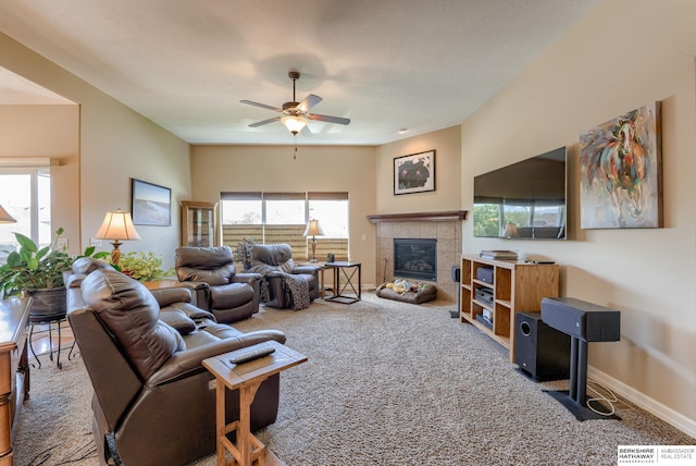18855 Mason Plz, Omaha, NE 68022 - living room with carpet, a ceiling fan, a fireplace, and baseboards