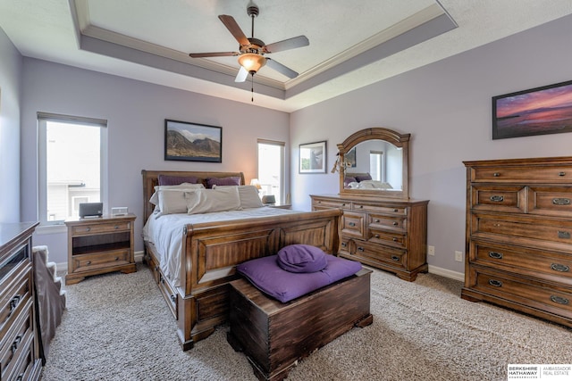 18855 Mason Plz, Omaha, NE 68022 - bedroom with a raised ceiling, light colored carpet, baseboards, and a ceiling fan