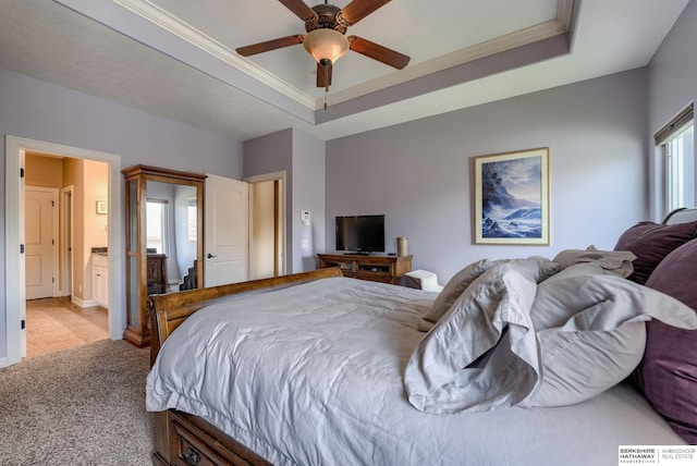 18855 Mason Plz, Omaha, NE 68022 - bedroom with a raised ceiling, light carpet, crown molding, ceiling fan, and ensuite bathroom