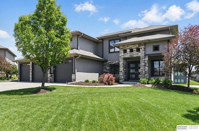 20956 Pine Cir, Elkhorn, NE 68022 - prairie-style home featuring stone siding, stucco siding, and concrete driveway