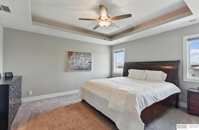 20956 Pine Cir, Elkhorn, NE 68022 - carpeted bedroom with a raised ceiling, multiple windows, baseboards, and a ceiling fan
