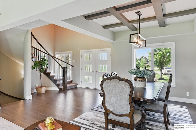 20956 Pine Cir, Elkhorn, NE 68022 - dining space with stairs, dark wood-style flooring, plenty of natural light, beamed ceiling, and coffered ceiling