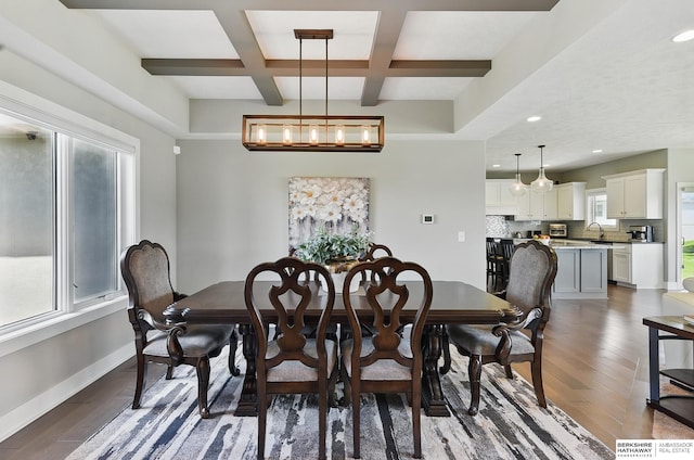 20956 Pine Cir, Elkhorn, NE 68022 - dining space with a chandelier, wood finished floors, coffered ceiling, baseboards, and beamed ceiling
