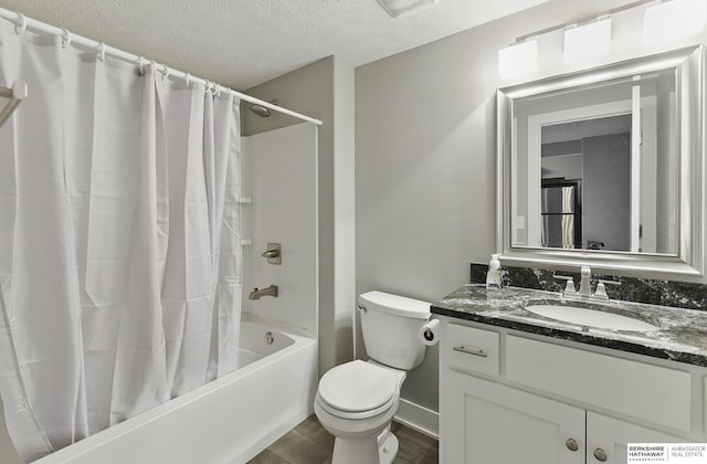 20956 Pine Cir, Elkhorn, NE 68022 - full bath with shower / bathtub combination with curtain, vanity, toilet, a textured ceiling, and wood finished floors