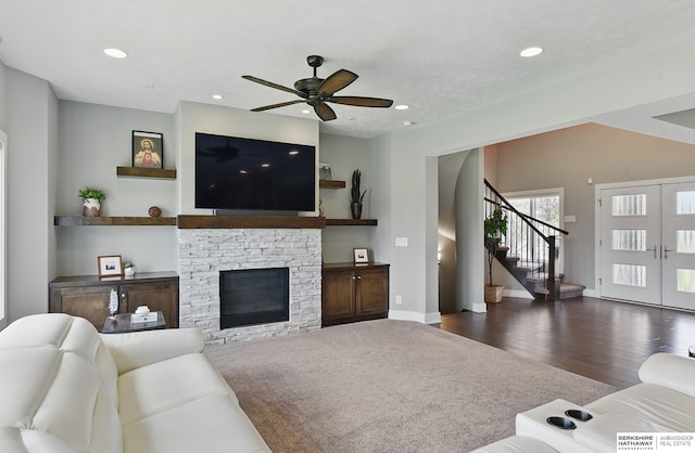 20956 Pine Cir, Elkhorn, NE 68022 - living area with french doors, stairway, ceiling fan, dark wood-style floors, and recessed lighting