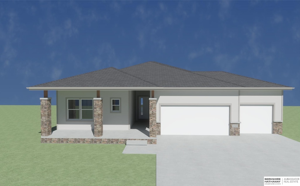 10403 Cimarron St, Papillion, NE 68046 - view of front of property with a garage, stone siding, driveway, and stucco siding