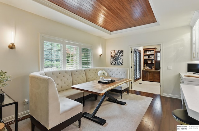 2025 S 189th Cir, Omaha, NE 68130 - dining room with a tray ceiling, dark wood-style flooring, wooden ceiling, and baseboards