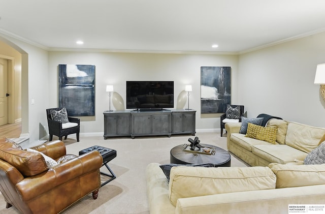 2025 S 189th Cir, Omaha, NE 68130 - living area with arched walkways, light colored carpet, crown molding, recessed lighting, and baseboards