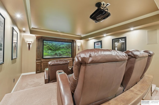2025 S 189th Cir, Omaha, NE 68130 - cinema with light colored carpet, baseboards, crown molding, a raised ceiling, and recessed lighting