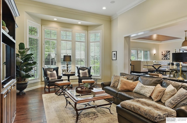 2025 S 189th Cir, Omaha, NE 68130 - living room featuring crown molding, dark wood-style flooring, baseboards, and recessed lighting