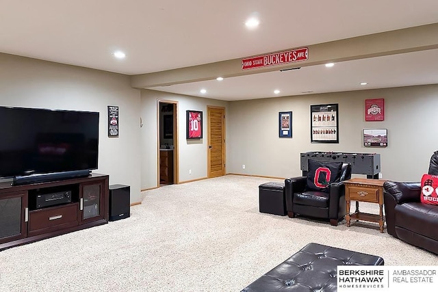 18914 C St, Omaha, NE 68130 - living room featuring light carpet, recessed lighting, and baseboards