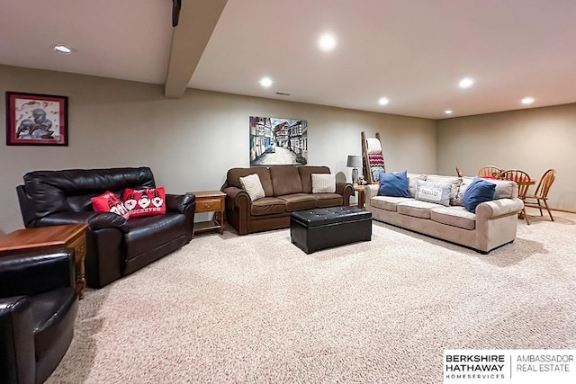 18914 C St, Omaha, NE 68130 - living area with carpet flooring, recessed lighting, and beamed ceiling
