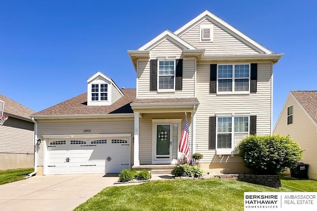 18914 C St, Omaha, NE 68130 - traditional-style home with driveway, an attached garage, and a front yard