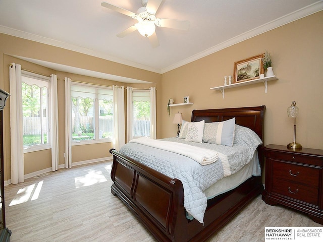 5103 N 140th St, Omaha, NE 68164 - bedroom featuring baseboards, crown molding, light wood-style flooring, and a ceiling fan